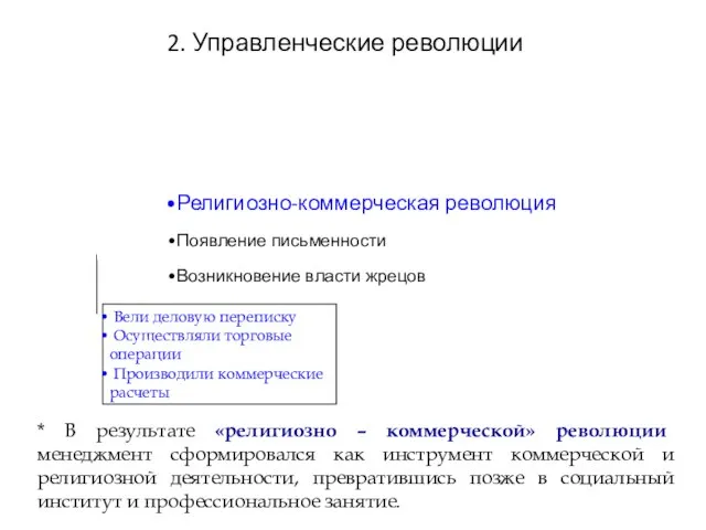 2. Управленческие революции Религиозно-коммерческая революция Появление письменности Возникновение власти жрецов Вели