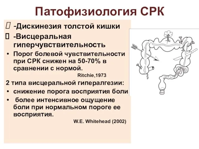 Патофизиология СРК -Дискинезия толстой кишки -Висцеральная гиперчувствительность Порог болевой чувствительности при