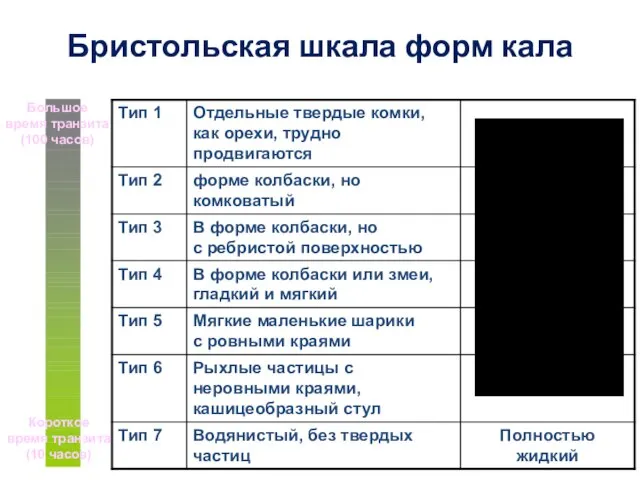 Бристольская шкала форм кала Большое время транзита (100 часов) Короткое время транзита (10 часов)