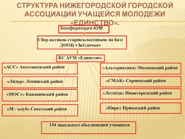 СТРУКТУРА НИЖЕГОРОДСКОЙ ГОРОДСКОЙ АССОЦИАЦИИ УЧАЩЕЙСЯ МОЛОДЕЖИ «ЕДИНСТВО». Конференция АУМ Сбор активов