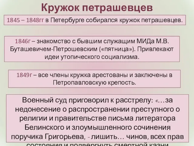 Кружок петрашевцев 1845 – 1848гг в Петербурге собирался кружок петрашевцев. 1846г