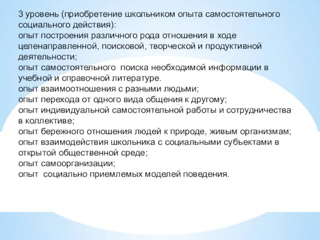 3 уровень (приобретение школьником опыта самостоятельного социального действия): опыт построения различного