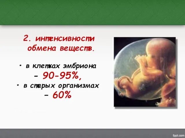 2. интенсивности обмена веществ. в клетках эмбриона - 90-95%, в старых организмах – 60%