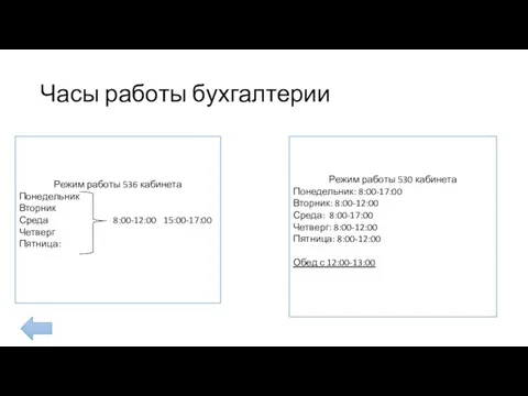 Часы работы бухгалтерии Режим работы 536 кабинета Понедельник Вторник Среда 8:00-12:00