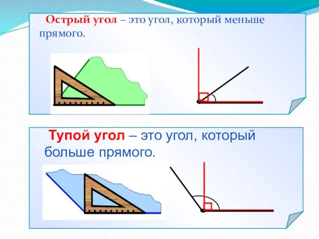 Острый угол – это угол, который меньше прямого. Тупой угол – это угол, который больше прямого.