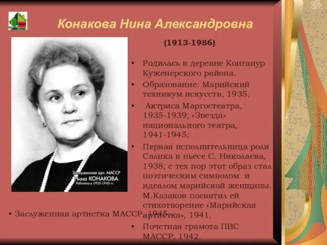 Конакова Нина Александровна (1913-1986) Родилась в деревне Конганур Куженерского района. Образование: