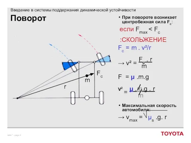 Поворот При повороте возникает центробежная сила Fc: если Fmax Fc =