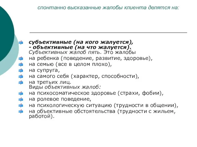 спонтанно высказанные жалобы клиента делятся на: субъективные (на кого жалуется), -