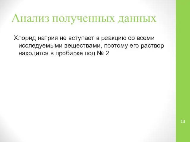 Анализ полученных данных Хлорид натрия не вступает в реакцию со всеми