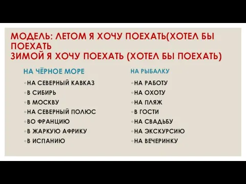 МОДЕЛЬ: ЛЕТОМ Я ХОЧУ ПОЕХАТЬ(ХОТЕЛ БЫ ПОЕХАТЬ ЗИМОЙ Я ХОЧУ ПОЕХАТЬ