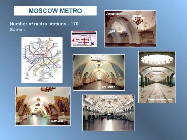 MOSCOW METRO Number of metro stations - 170 Some : Арбатская Киевская Комсомольская Таганская