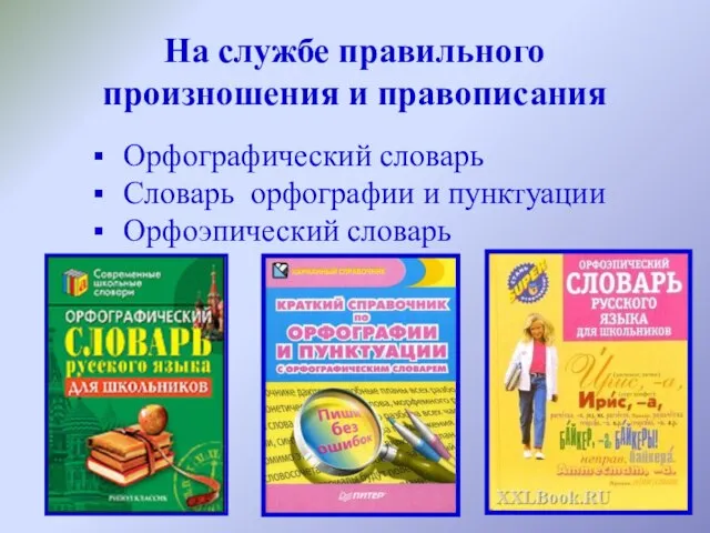 На службе правильного произношения и правописания Орфографический словарь Словарь орфографии и пунктуации Орфоэпический словарь