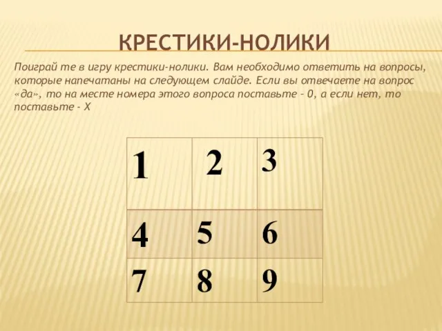 КРЕСТИКИ-НОЛИКИ Поиграй те в игру крестики-нолики. Вам необходимо ответить на вопросы,