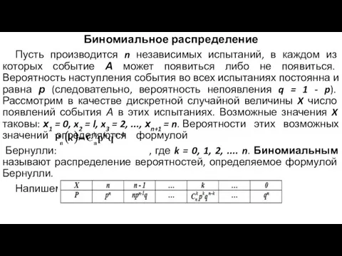 Биномиальное распределение Пусть производится n независимых испытаний, в каждом из которых