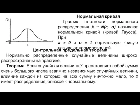 Нормальная кривая График плотности нормального распределения X ~ N(a, σ) называют