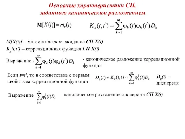 Основные характеристики СП, заданного каноническим разложением M[X(t)] – математическое ожидание СП