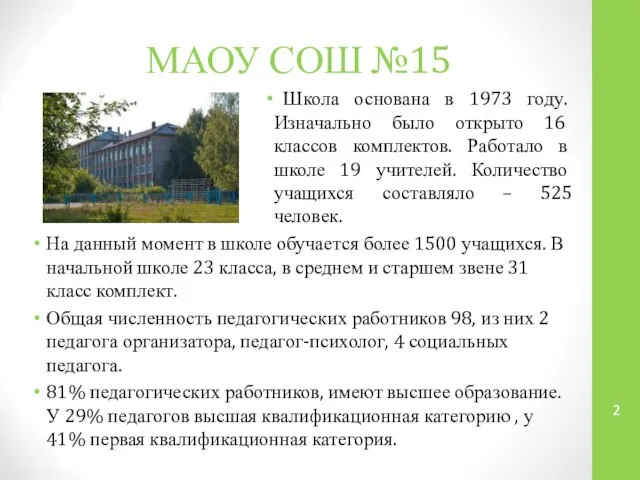 МАОУ СОШ №15 Школа основана в 1973 году. Изначально было открыто