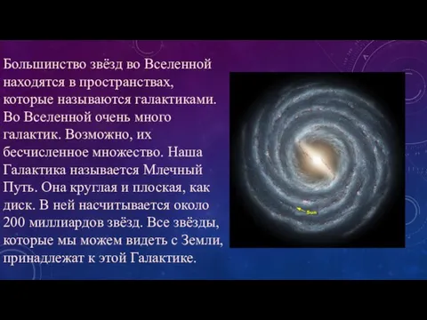 Большинство звёзд во Вселенной находятся в пространствах, которые называются галактиками. Во