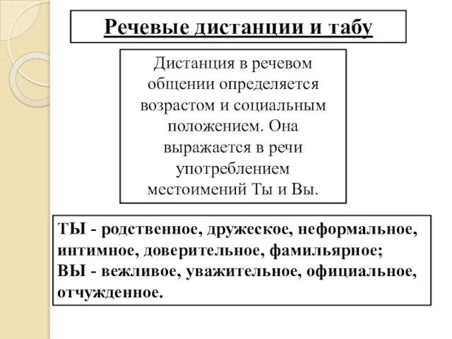 Речевые дистанции и табу Дистанция в речевом общении определяется возрастом и