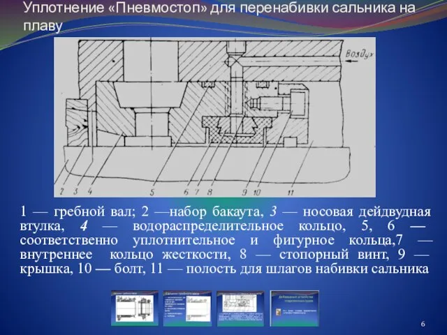 Уплотнение «Пневмостоп» для перенабивки сальника на плаву 1 — гребной вал;