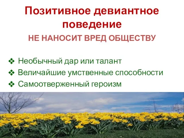 Позитивное девиантное поведение НЕ НАНОСИТ ВРЕД ОБЩЕСТВУ Необычный дар или талант Величайшие умственные способности Самоотверженный героизм