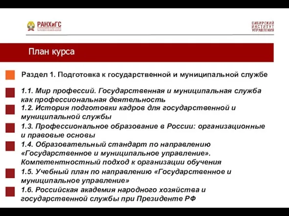 План курса Раздел 1. Подготовка к государственной и муниципальной службе 1.1.