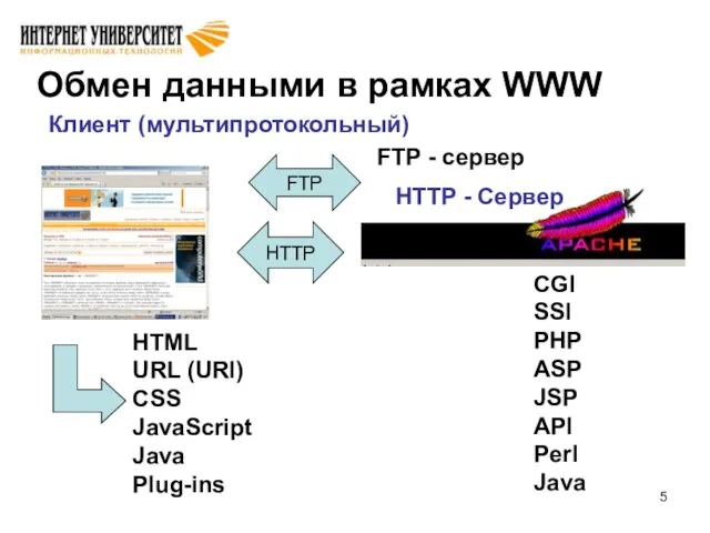 Обмен данными в рамках WWW Клиент (мультипротокольный) HTTP - Сервер HTML