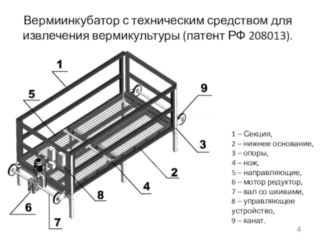 Вермиинкубатор с техническим средством для извлечения вермикультуры (патент РФ 208013). 1