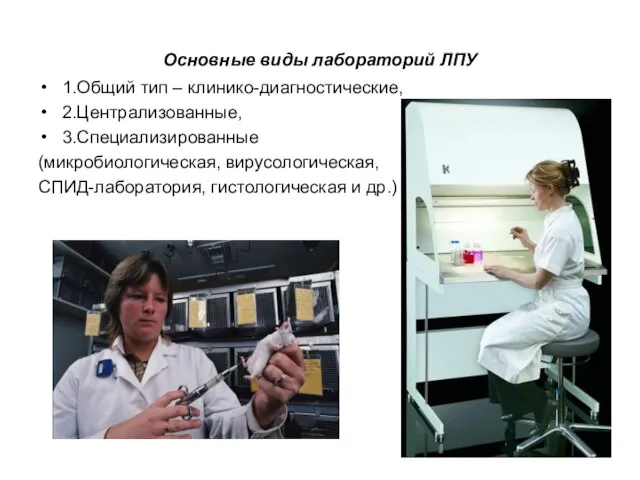 Основные виды лабораторий ЛПУ 1.Общий тип – клинико-диагностические, 2.Централизованные, 3.Специализированные (микробиологическая, вирусологическая, СПИД-лаборатория, гистологическая и др.)