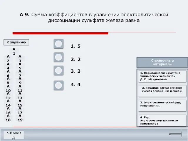 А 9. Сумма коэффициентов в уравнении электролитической диссоциации сульфата железа равна