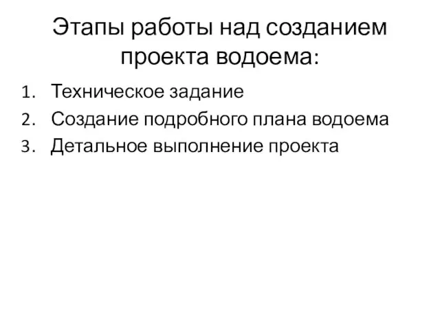 Этапы работы над созданием проекта водоема: Техническое задание Создание подробного плана водоема Детальное выполнение проекта