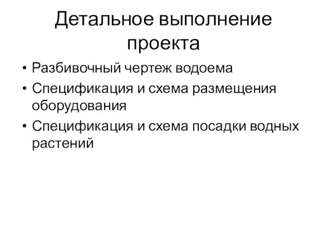 Детальное выполнение проекта Разбивочный чертеж водоема Спецификация и схема размещения оборудования