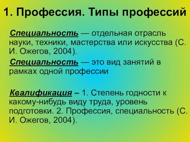 1. Профессия. Типы профессий Специальность — отдельная отрасль науки, техники, мастерства