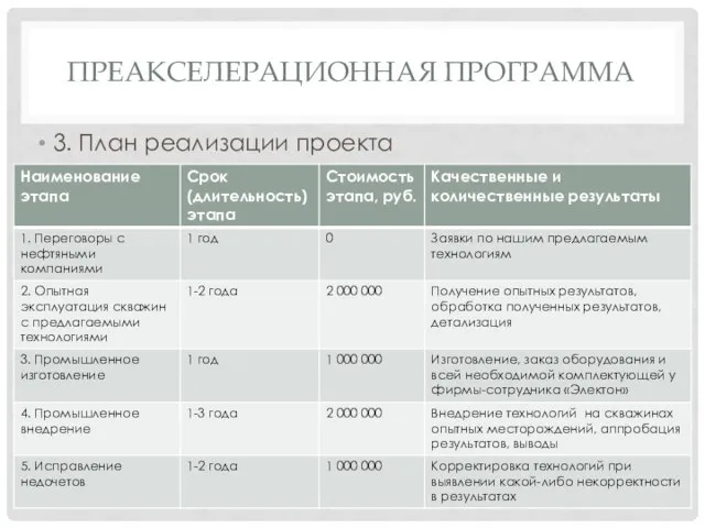 ПРЕАКСЕЛЕРАЦИОННАЯ ПРОГРАММА 3. План реализации проекта