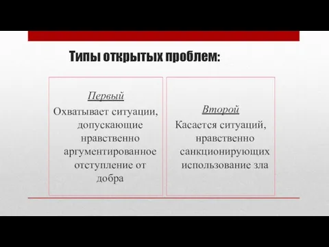 Типы открытых проблем: Первый Охватывает ситуации, допускающие нравственно аргументированное отступление от