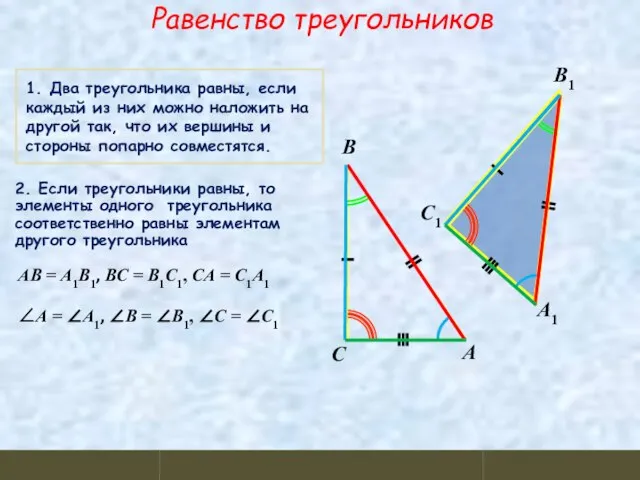 Равенство треугольников 1. Два треугольника равны, если каждый из них можно