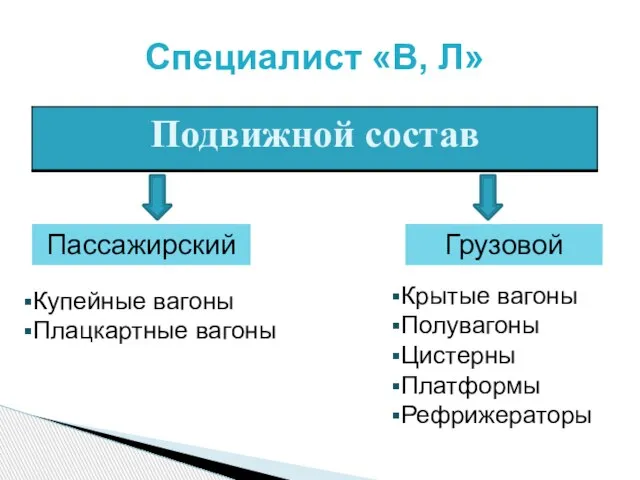 Специалист «В, Л» Пассажирский Грузовой Купейные вагоны Плацкартные вагоны Крытые вагоны Полувагоны Цистерны Платформы Рефрижераторы