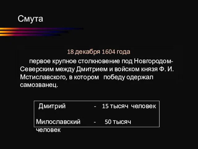 Смута Дмитрий - 15 тысяч человек Милославский - 50 тысяч человек