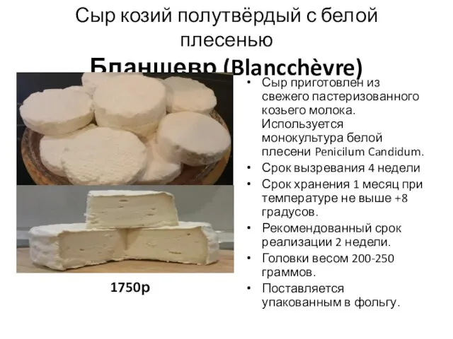 Сыр козий полутвёрдый с белой плесенью Бланшевр (Blancchèvre) 1750р Сыр приготовлен