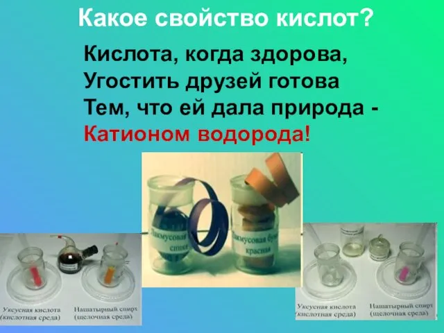 Какое свойство кислот? Кислота, когда здорова, Угостить друзей готова Тем, что