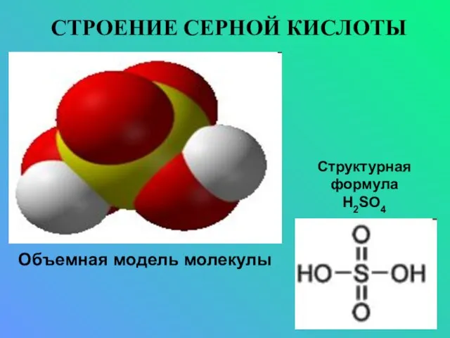 СТРОЕНИЕ СЕРНОЙ КИСЛОТЫ Объемная модель молекулы Структурная формула H2SO4