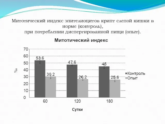 Митотический индекс эпителиоцитов крипт слепой кишки в норме (контроль), при потреблении диспергированной пищи (опыт).