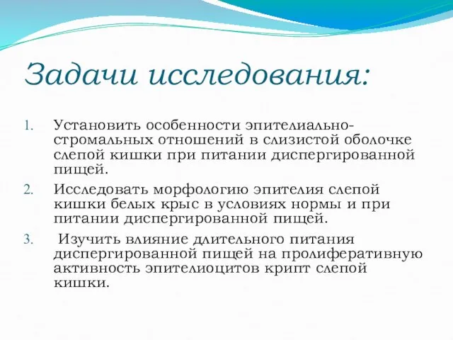 Задачи исследования: Установить особенности эпителиально-стромальных отношений в слизистой оболочке слепой кишки