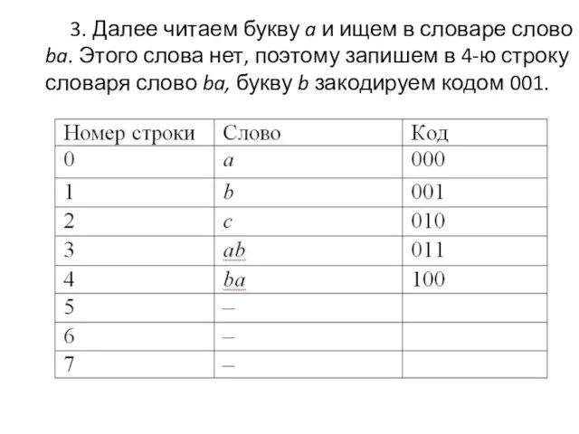 3. Далее читаем букву a и ищем в словаре слово ba.