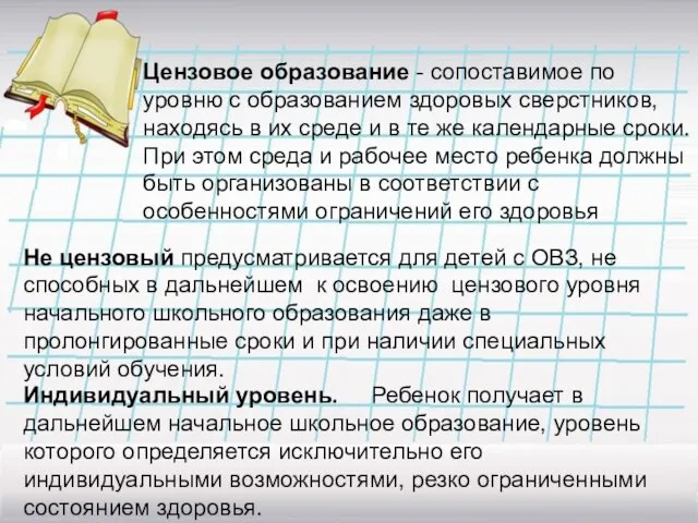 Цензовое образование - сопоставимое по уровню с образованием здоровых сверстников, находясь