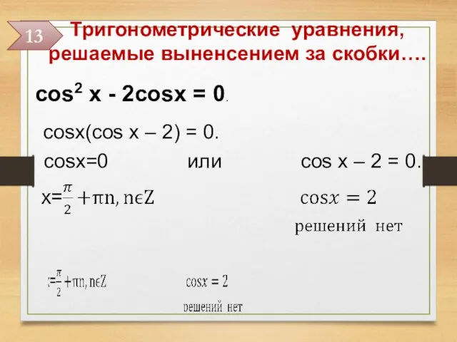 Тригонометрические уравнения, решаемые выненсением за скобки…. cos2 x - 2cosx =
