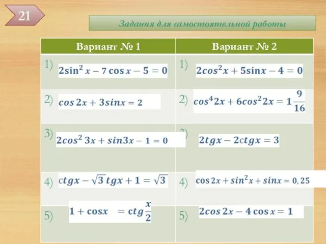 Задания для самостоятельной работы Уравнения, приводимые к алгебраическим 21