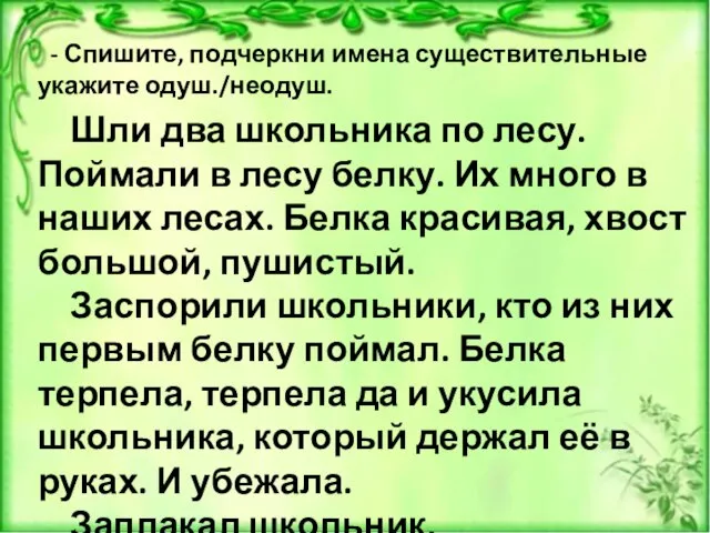 - Спишите, подчеркни имена существительные укажите одуш./неодуш. Шли два школьника по