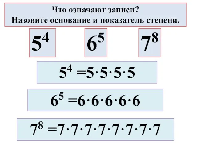 54 65 78 65 =6·6·6·6·6 78 =7·7·7·7·7·7·7·7 Что означают записи? Назовите