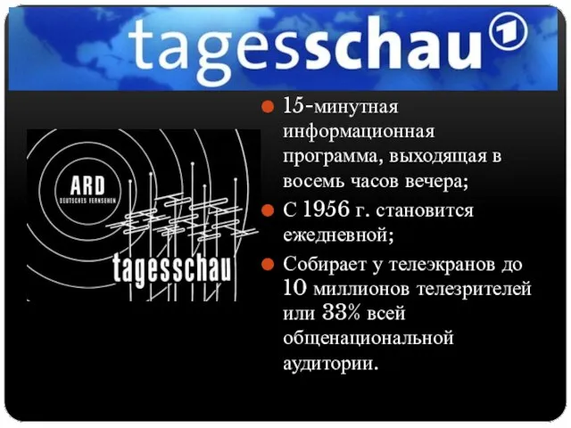 15-минутная информационная программа, выходящая в восемь часов вечера; С 1956 г.